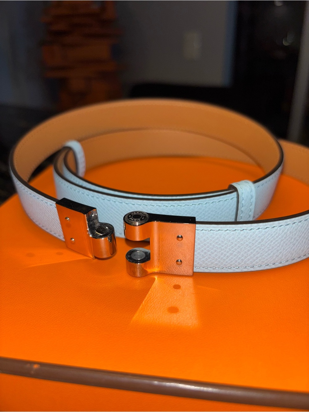 Hermes Light Blue Leather Double-Sided Belt with Silver Lock - Picture 5 of 5